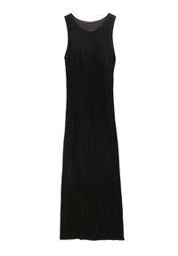 Abito maxi in maglia nera con design senza maniche, caratterizzato da motivi testurizzati e scollatura arrotondata. Silhouette semplice e dritta.