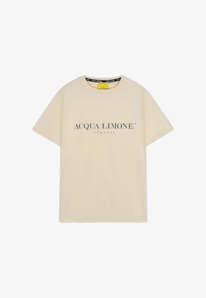 Krämlik kortärmad t-shirt med rund halsringning, med "ACQUA LIMONE classic" tryckt i mörkgrått över bröstet. Lättviktig bomullstyg.