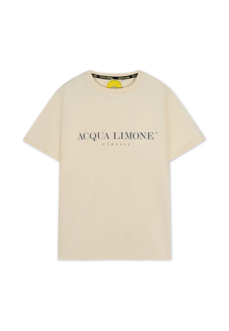 Krämlik kortärmad t-shirt med rund halsringning, med "ACQUA LIMONE classic" tryckt i mörkgrått över bröstet. Lättviktig bomullstyg.