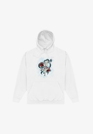 Hvid hoodie med en farverig grafik af en figur, der holder røde roser, med en lys blå akvarel baggrund. Inkluderet kængurulomme.