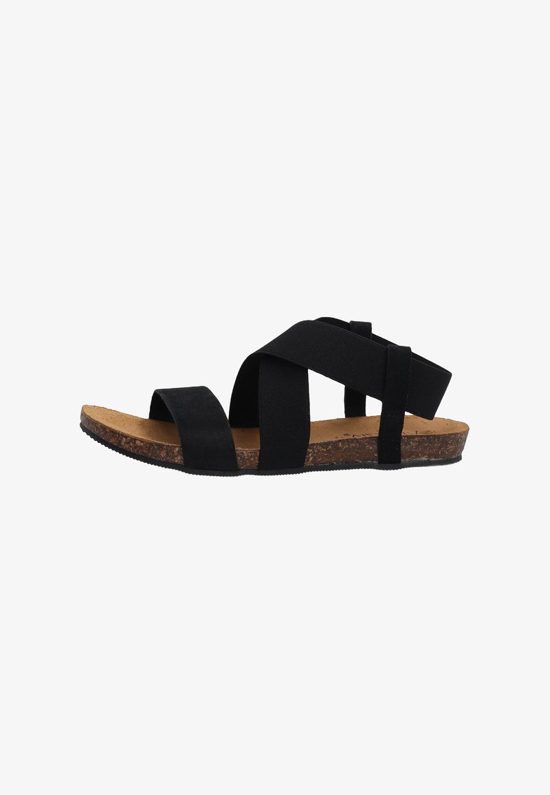 Schwarze Sandale mit Kreuzriemen-Design, aus weichem Stoff gefertigt; Korkfußbett und Gummisohle für einen guten Halt; verfügt über minimale Hardware-Akzente.