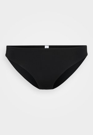 Bas de bikini noir avec une texture lisse et mate, design taille basse et style minimaliste. Pas de motifs visibles ni de détails matériels.