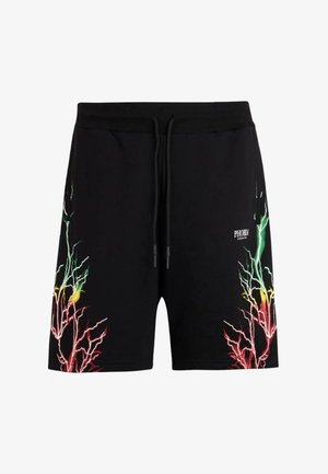 Pantaloni corti neri con un design a fulmine multicolore su entrambi i lati. Presentano una vita elastica e un cordino per una vestibilità regolabile.