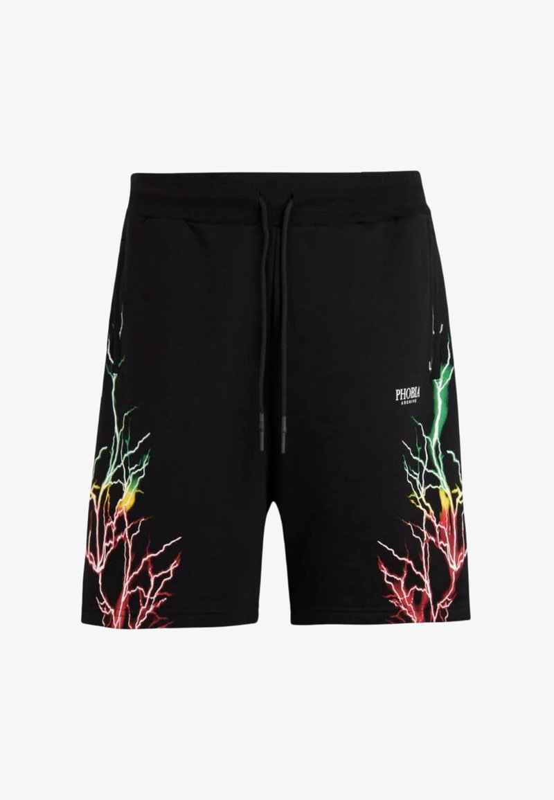 Pantaloni corti neri con un design a fulmine multicolore su entrambi i lati. Presentano una vita elastica e un cordino per una vestibilità regolabile.