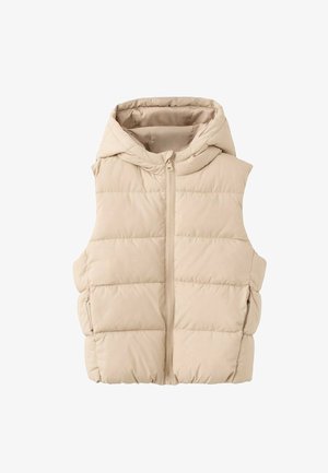 Beige, wattierte Weste mit Kapuze, mit horizontaler Steppstruktur, Frontreißverschluss und Seitentaschen. Weiches synthetisches Material.