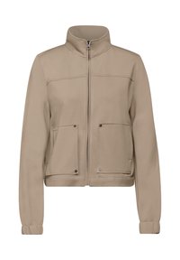 Veste zippée beige avec un col montant, deux poches devant et des poignets ajustés. Fabriquée dans un tissu lisse et texturé. Design minimaliste.