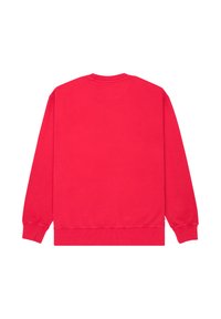 Sweat-shirt rouge avec un col rond classique, des poignets et un ourlet côtelés. Texture lisse avec une couleur unie, sans motifs ni éléments métalliques visibles.