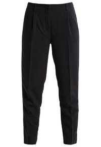 Black tailored trousers with a slim fit, made from smooth fabric, featuring a flat front, pockets, and creased legs for a polished look.