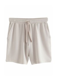 Light beige striped shorts with an elastic waistband, drawstring, and side pockets. Made of soft fabric with vertical stripes.
