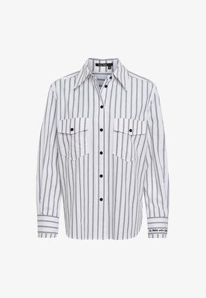 White long-sleeve shirt with vertical black stripes, two front pockets, and black buttons. Features a classic collar and cuff detailing.