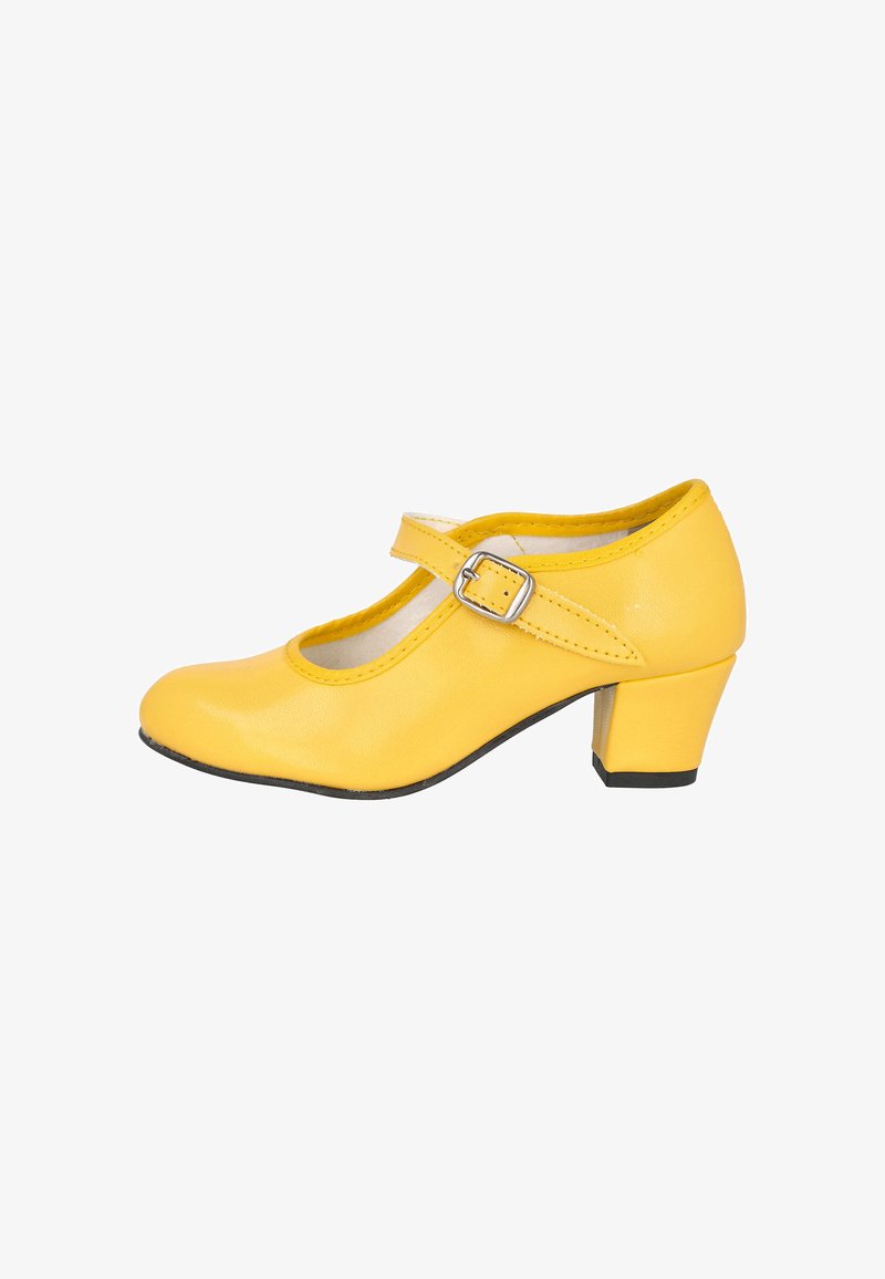 Zapato Mary Jane amarillo con tacón bajo de bloque y correa con hebilla plateada, mostrado de perfil sobre fondo blanco.