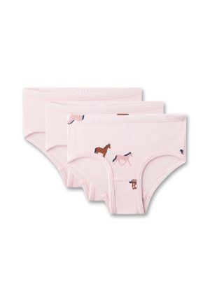 Drei Paar rosa Baumwoll-Hipster-Slips mit Pferdemustern in Braun und Blau. Verfügen über elastische Bündchen und ein nahtloses Design.