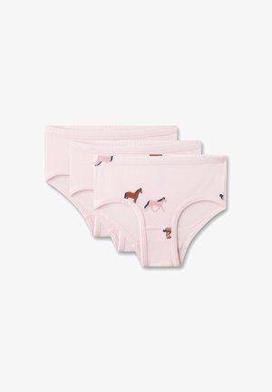 Three pairs of pink cotton hipster briefs with horse patterns in brown and blue. Features elastic waistbands and a seamless design.