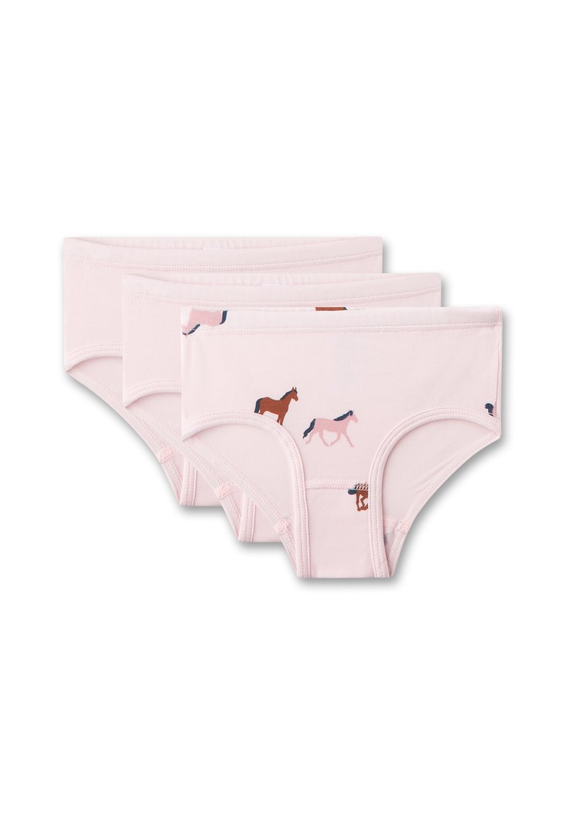 Drei Paar rosa Baumwoll-Hipster-Slips mit Pferdemustern in Braun und Blau. Verfügen über elastische Bündchen und ein nahtloses Design.