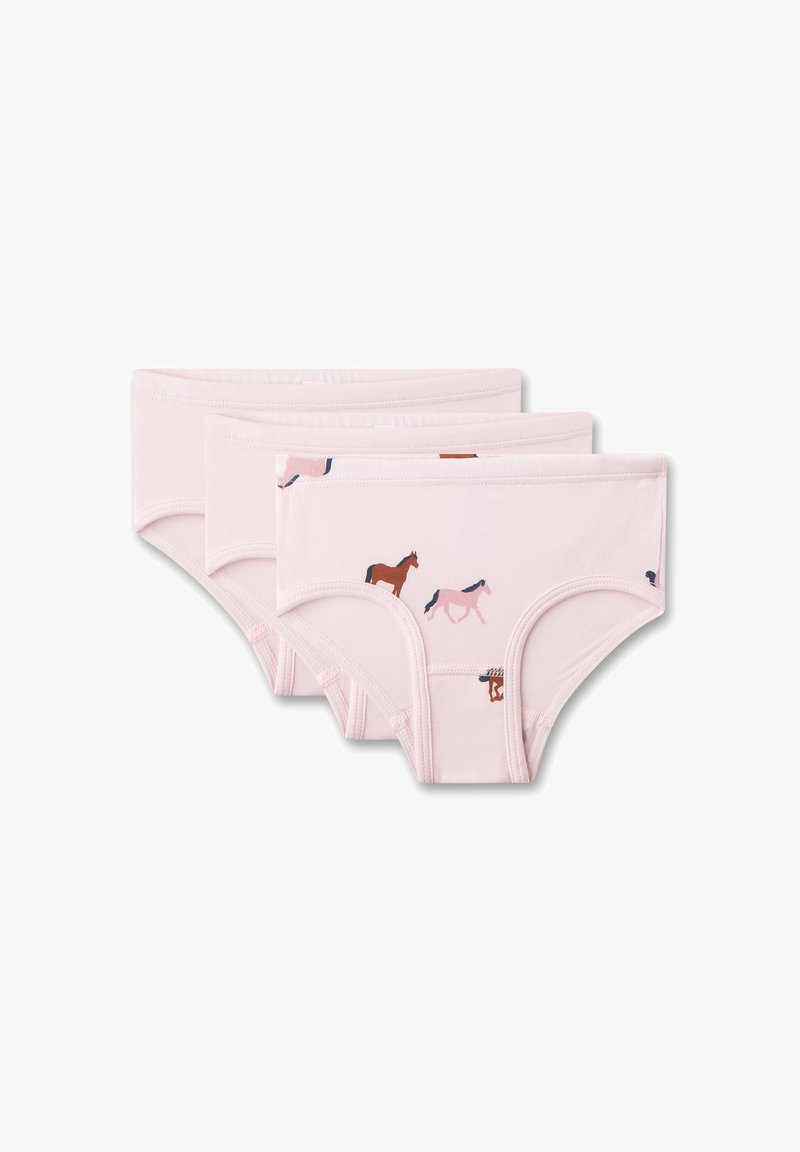 Drei Paar rosa Baumwoll-Hipster-Slips mit Pferdemustern in Braun und Blau. Verfügen über elastische Bündchen und ein nahtloses Design.