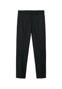 Pantalones de traje negros de corte recto, que presentan dos bolsillos frontales, una textura suave y un ajuste a la cintura estándar.