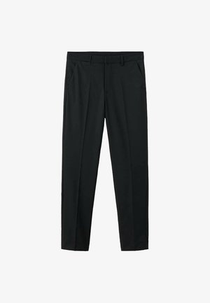 Črne hlače s krojem naravnost, ki imajo dva sprednja žepa, gladko teksturo in standardno prileganje v pasu.