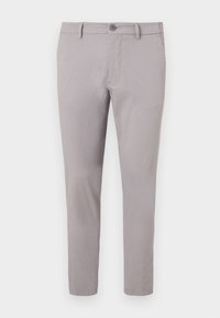Graue Baumwollchinos mit einer glatten Textur, schmaler Passform, vorderem Knopfverschluss und Seitentaschen. Knöchellanges Design mit minimaler Detailgestaltung.