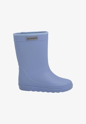 Botte de pluie en caoutchouc bleu clair avec une texture lisse, un bout arrondi et un haut en bord côtelé flexible. Présente un logo en métal sur le côté.