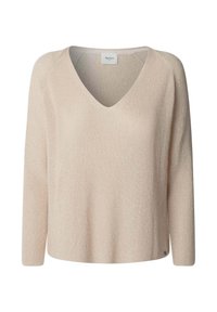 Beige neulepaita, jossa on V-pääntie, pitkät hihat, rento malli, hienovarainen tekstuuri ja pieni logovyöhyke helman kohdalla.