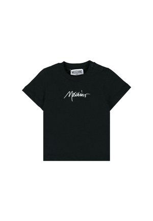 T-shirt nera in cotone a maniche corte, con scollatura a coste e bottoni a pressione sulla spalla. Presenta un logo bianco scritto in diagonale sul petto.