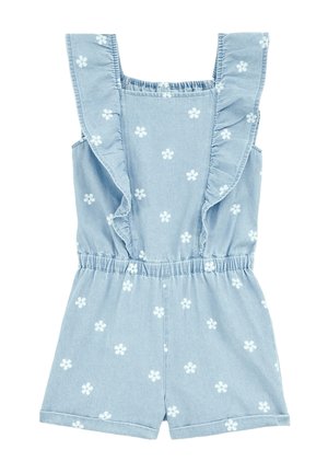 Tutina smanicata azzurro chiaro con stampe floreali bianche, spalline arricciate, vita elastica e pantaloncini corti.