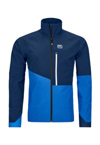 Marineblauer Jacke mit hohem Kragen, Frontreißverschluss und schrägem, farblich abgesetztem Design. Verfügt über eine mit Reißverschluss verstellbare Brusttasche und ein Logo.