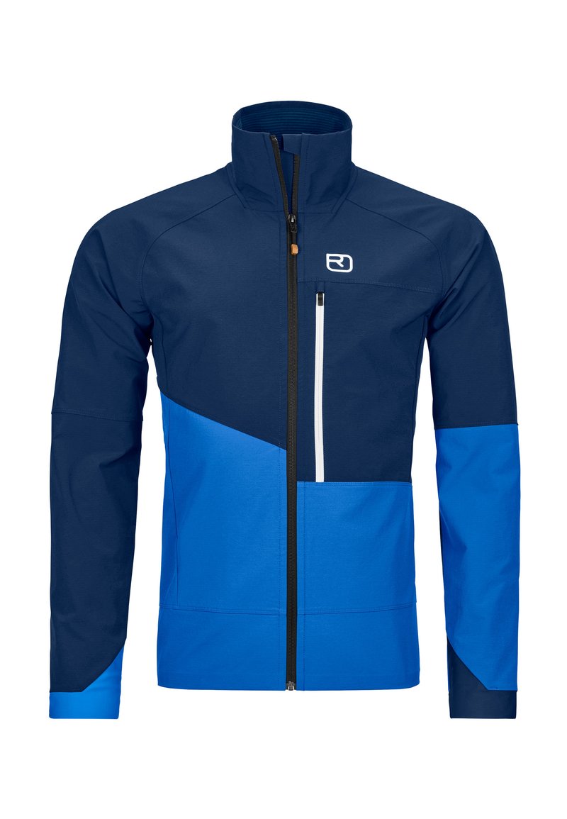 Marineblauer Jacke mit hohem Kragen, Frontreißverschluss und schrägem, farblich abgesetztem Design. Verfügt über eine mit Reißverschluss verstellbare Brusttasche und ein Logo.