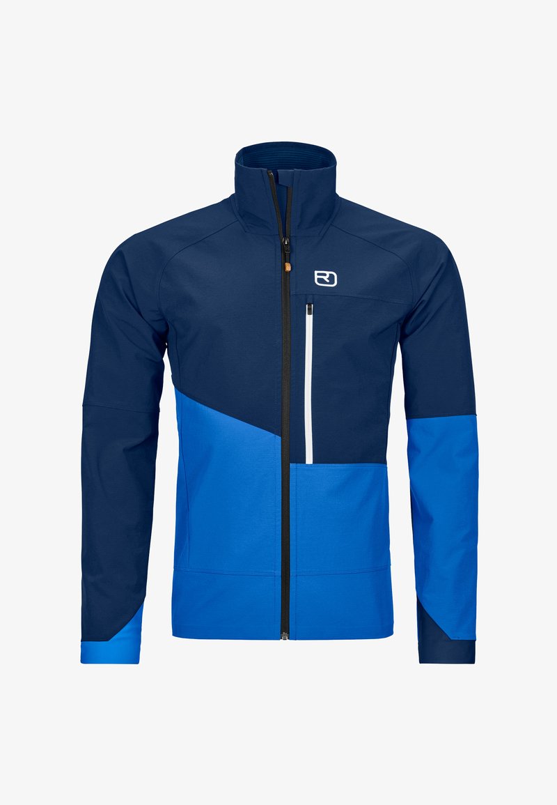 Marineblauer Jacke mit hohem Kragen, Frontreißverschluss und schrägem, farblich abgesetztem Design. Verfügt über eine mit Reißverschluss verstellbare Brusttasche und ein Logo.