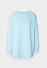 Sweat-shirt bleu clair à manches longues et col rond, avec poignets et ourlet côtelés, présenté sur un fond uni clair.