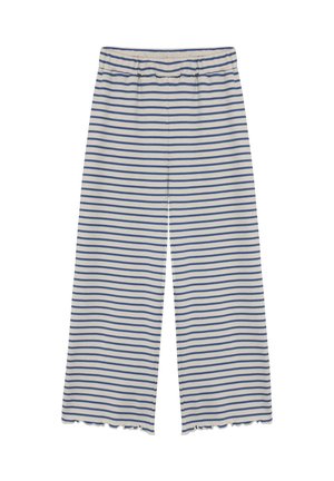 Pantaloni a gamba larga a righe in misto cotone; caratterizzati da righe orizzontali blu e bianche, una fascia elastica in vita e dettagli con orlo smerlato.