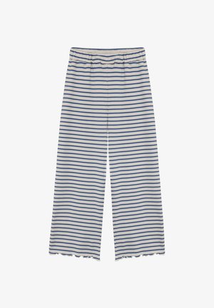 Pantalones de pierna ancha con rayas en mezcla de algodón; presenta rayas horizontales azules y blancas, una cintura elástica y detalles de dobladillo con borde en forma de ondas.