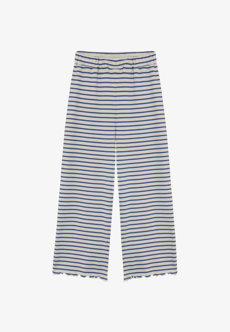 Szerokie spodnie w paski z mieszanki bawełny; posiadają poziome niebiesko-białe paski, elastyczny pas oraz zakończenie z falbanką.
