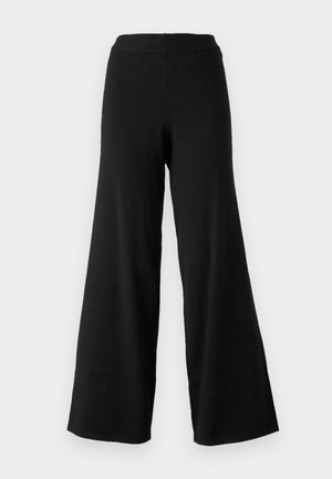 Black wide-leg trousers with a soft texture, featuring a high elastic waistband and a straight, flowing design, ideal for comfort and movement.