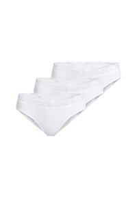 Drei Paar weiße Baumwollslips mit Spitzenbesatz am Bund, die eine glatte Textur und ein klassisches, hoch geschnittenes Design aufweisen.