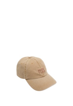 Gorra de béisbol beige de algodón con visera curva y texto bordado "BIMBA Y LOLA" en el panel frontal.