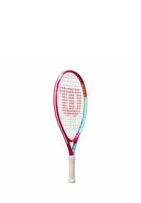 Tennisspecial met een rood en teal frame, witte mesh snaren en een gestructureerde grip. Beschikt over een groot, ovaal hoofdontwerp.