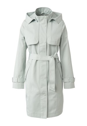 Hellgrauer wasserdichter Trenchcoat mit Kapuze, Knopfverschluss, tailliertem Gürtel und Klapptaschen. Verfügt über lange Ärmel mit verstellbaren Manschetten.