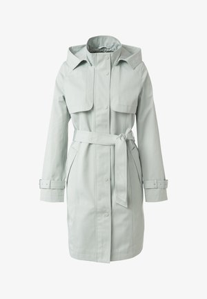Hellgrauer wasserdichter Trenchcoat mit Kapuze, Knopfverschluss, tailliertem Gürtel und Klapptaschen. Verfügt über lange Ärmel mit verstellbaren Manschetten.