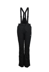 Pantalons de neige noirs avec bretelles réglables, deux poches avant et une coupe de jambe ajustée. Fabriqués en tissu résistant à l'eau.