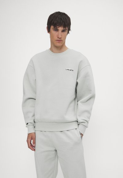 Sweatshirt de culoare gri deschis, realizat dintr-un material moale, cu guler rotund și manșete riblonate. Include un mic logo brodat pe partea din față.