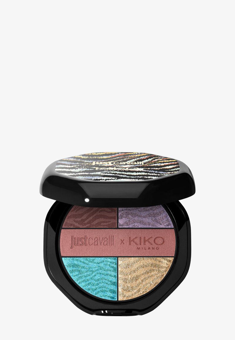 Kompakt svart øyenskyggepalett med fem skimrende nyanser i brun, lilla, rosa, turkis og gull, merket Just Cavalli x KIKO Milano.