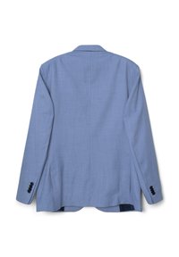 Blazer azzurro chiaro realizzato in tessuto strutturato. Presenta un risvolto a scollo a cratere, due spacco laterali e tre bottoni neri su ciascun polsino.
