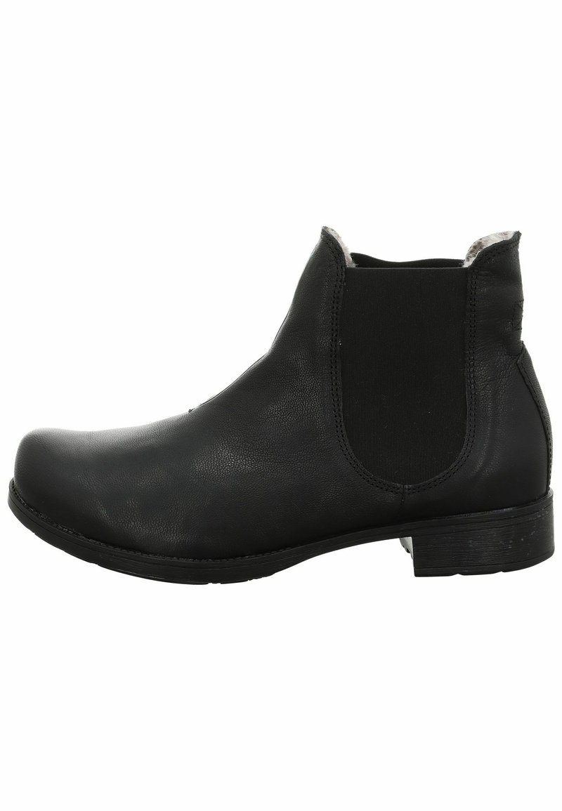Botín negro de cuero hasta el tobillo con paneles elásticos laterales, superficie texturizada, puntera redondeada y tacón bajo y ancho para mayor estabilidad.