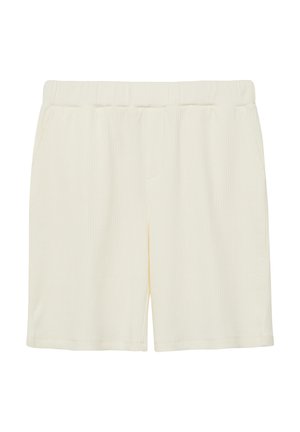 Gebreide short in roomkleur met een elastische tailleband en zijzakken, plat liggend op een witte achtergrond.