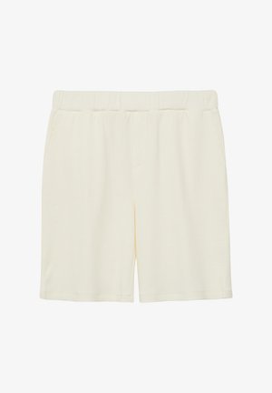 Kremowe dzianinowe szorty z elastycznym pasem i bocznymi kieszeniami, pokazane na płasko na białym tle.