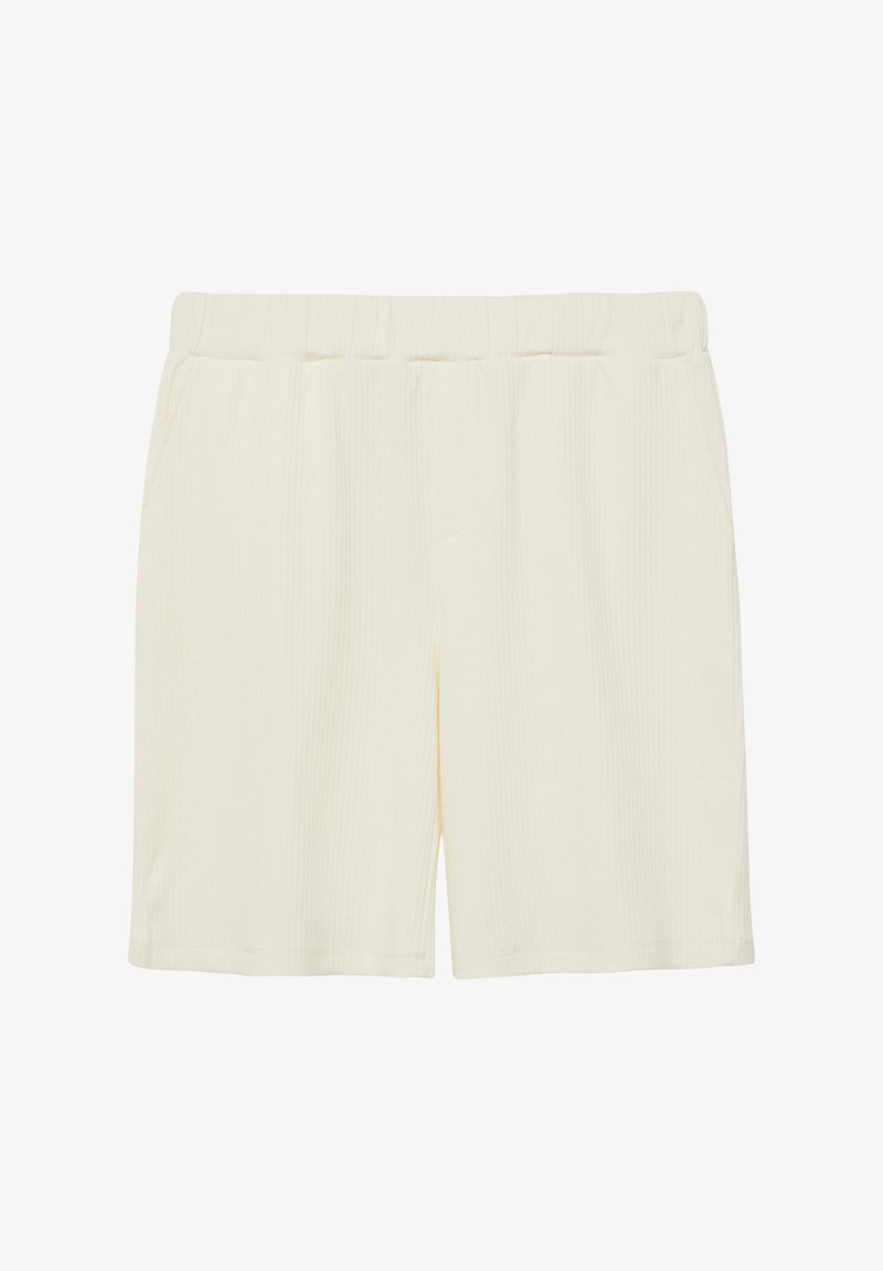 Shorts en maille couleur crème avec une taille élastique et des poches latérales, présentés à plat sur un fond blanc.