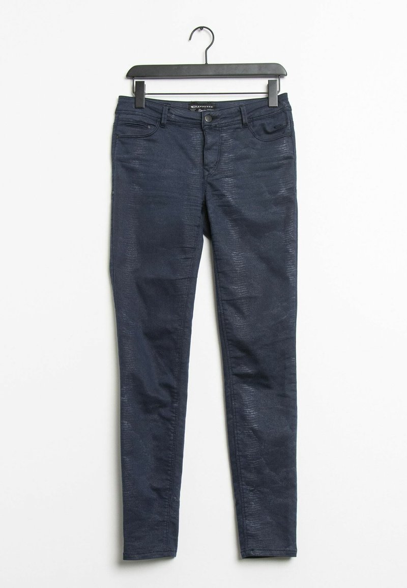 Dark blue, skinny-fit jeans made from denim with a subtle textured pattern. Five-pocket design with a front button and zipper closure.