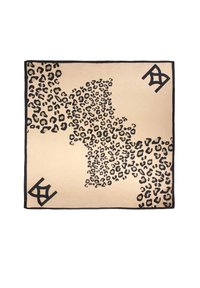Bež sall, millel on hajutatud must leopardimuster ja must ääre. Kaks logo vastas nurkades lisavad detaili.
