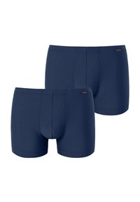 Boxer da uomo blu navy con texture a costine. Presentano una vita elastica e una piccola etichetta del marchio su un lato. Sono mostrati due paia.